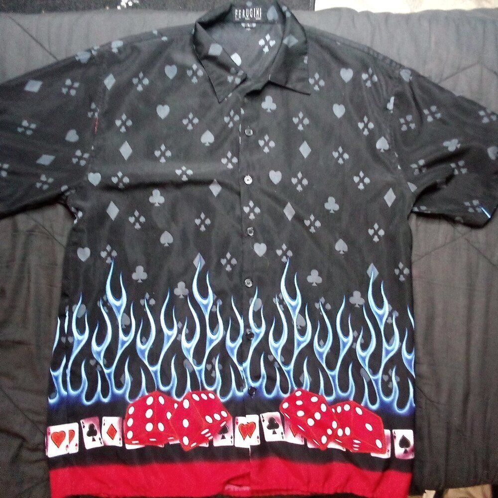 Vintage Y2K Ferugini Gambling Dice Cards Flames Poker Casino Shirt